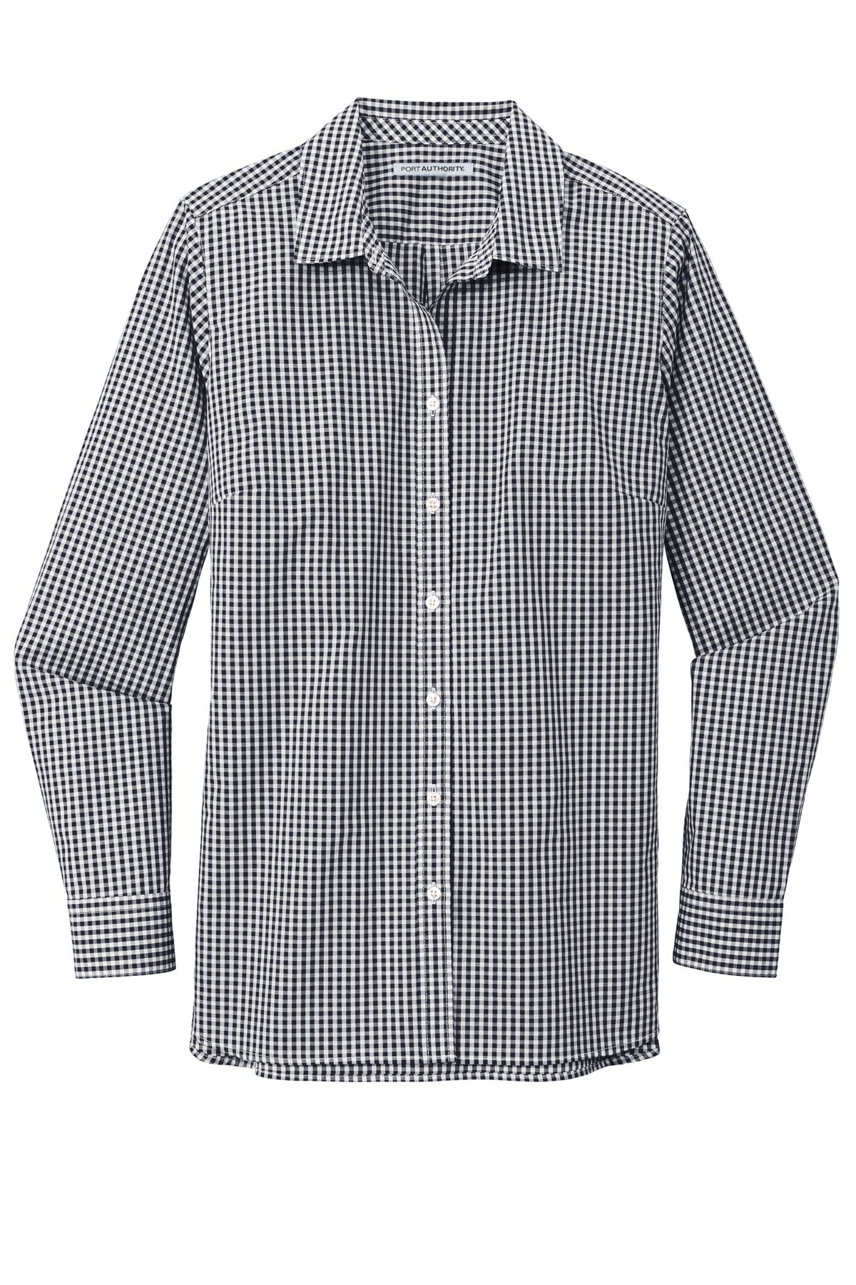 Ladies Broadcloth Gingham Long Sleeve Button Down Shirt